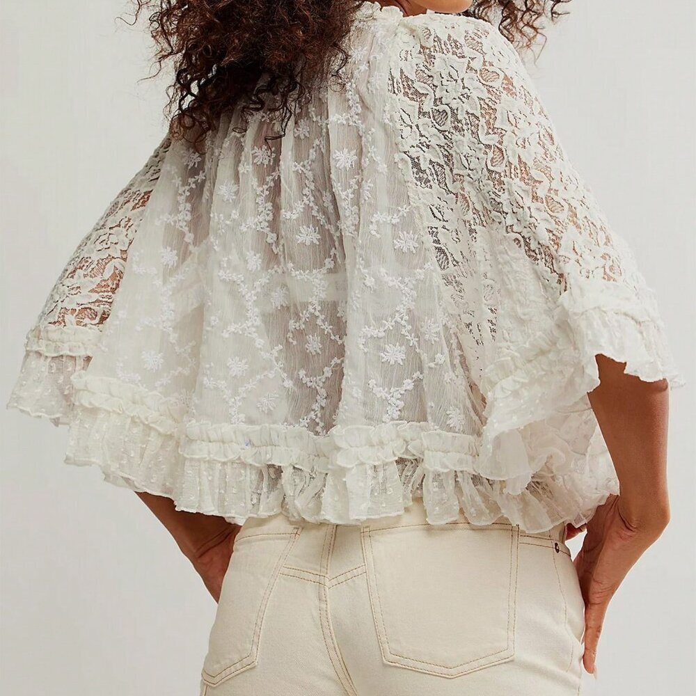 White Casual Women's Lace 3/4 Sleeve Crew Neck Sheer Embroidery Loose Top - Picture 2 of 4